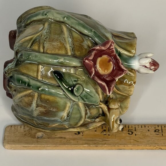 Vintage Majolica Green Glaze Leaves and Frog w Roses Vase Planter Incised Mark - Picture 12 of 14